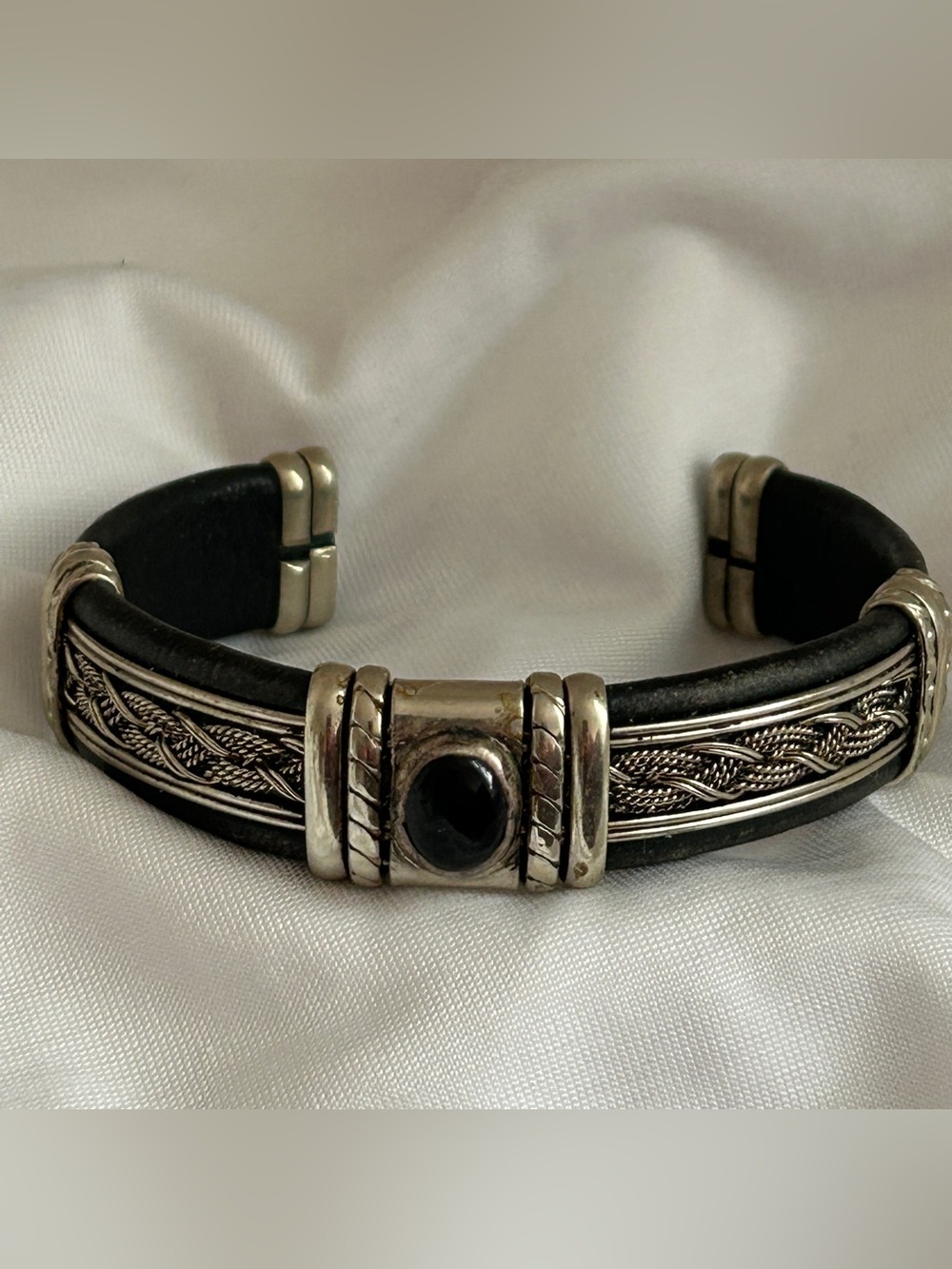 Black stone cuff bracelet Silver Braided wrap onyx solitare leather style ornate